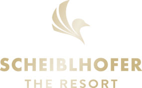 Goldener stilisierter Vogel über fettem Text mit der Aufschrift Scheiblhofer The Resort auf transparentem Hintergrund.